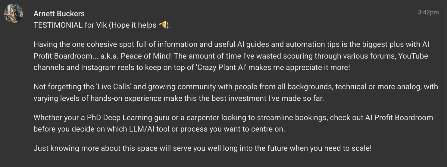 AI Profit Boardroom member testimonial #172