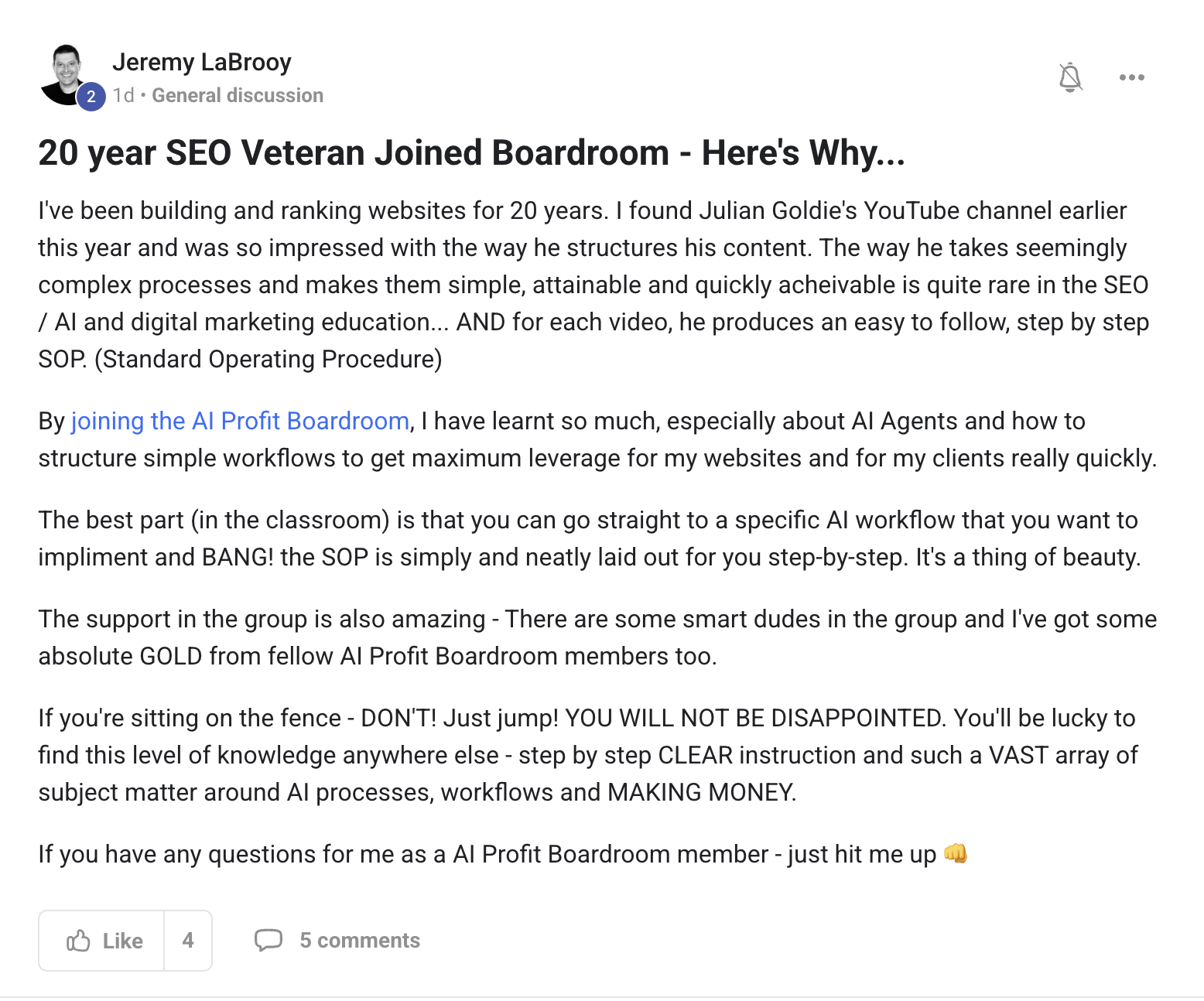 AI Profit Boardroom member testimonial #108