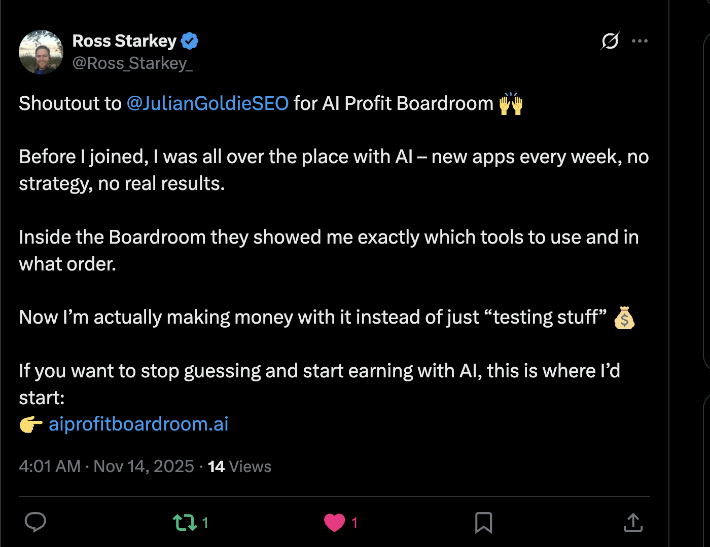 AI Profit Boardroom member testimonial #95