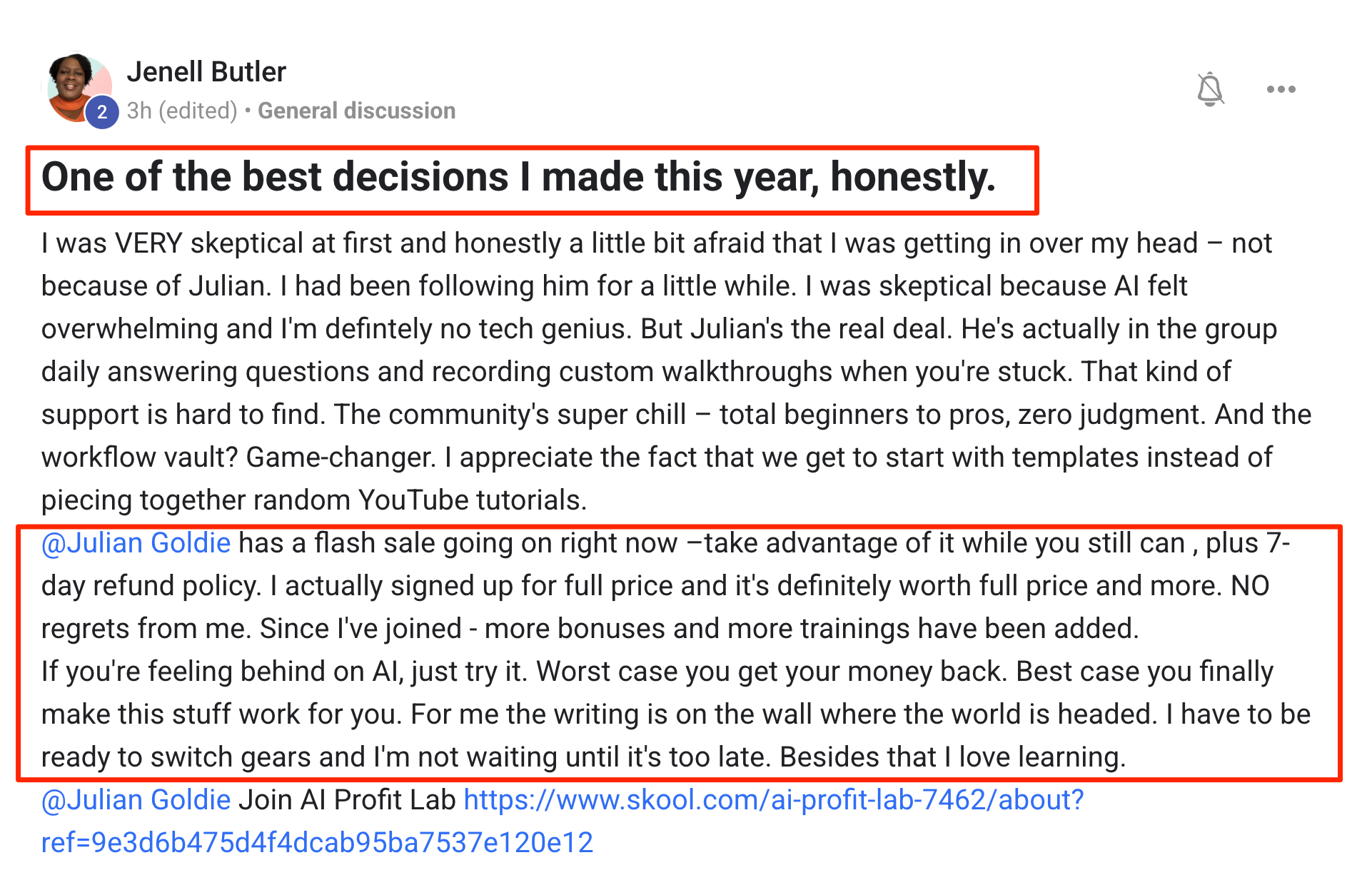 AI Profit Boardroom member testimonial #123