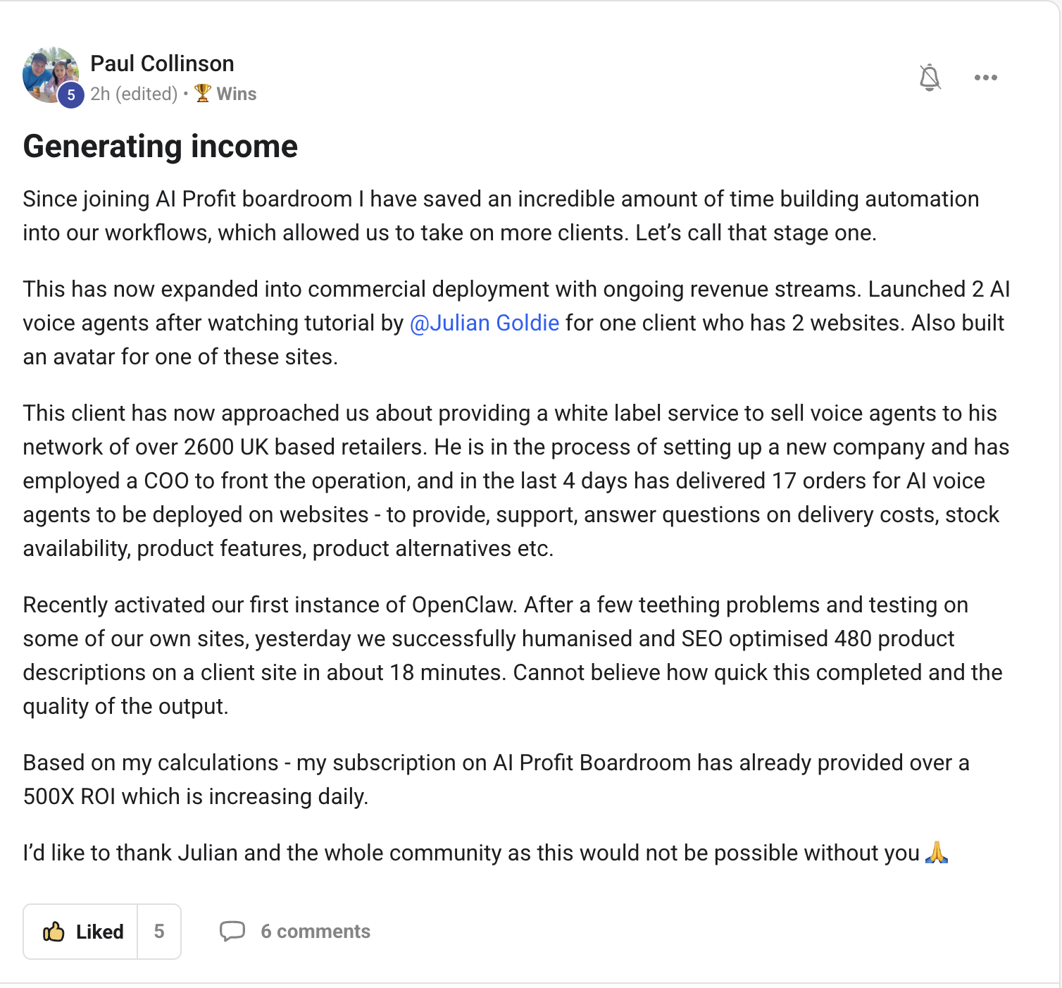 AI Profit Boardroom member testimonial #31