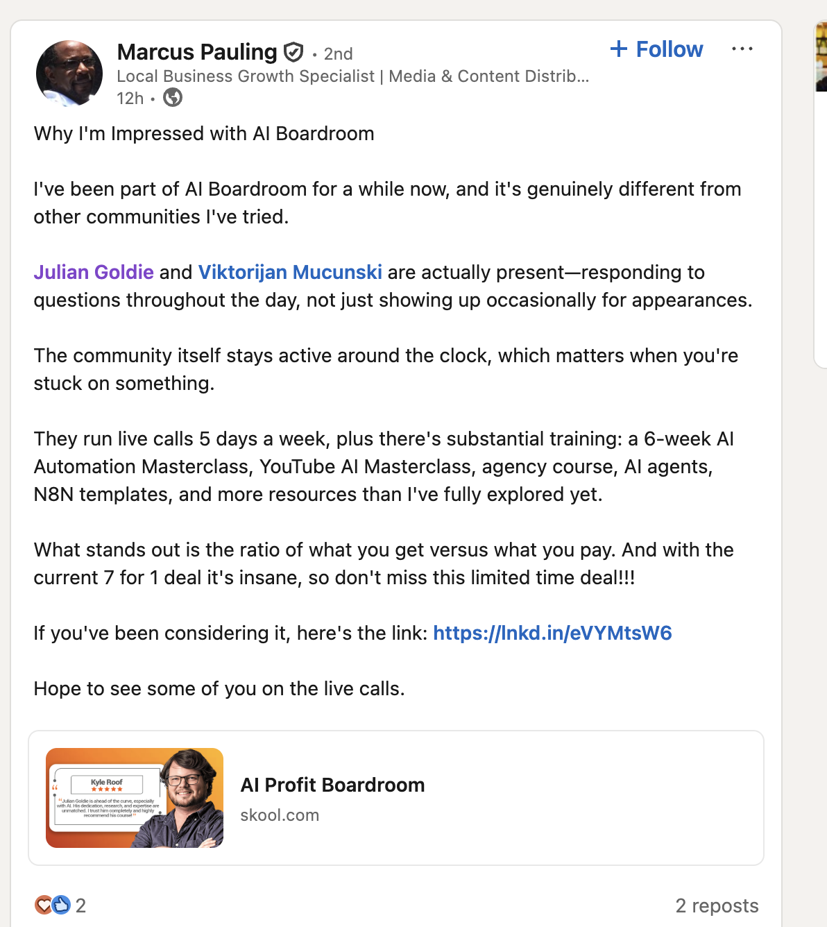 AI Profit Boardroom member testimonial #101