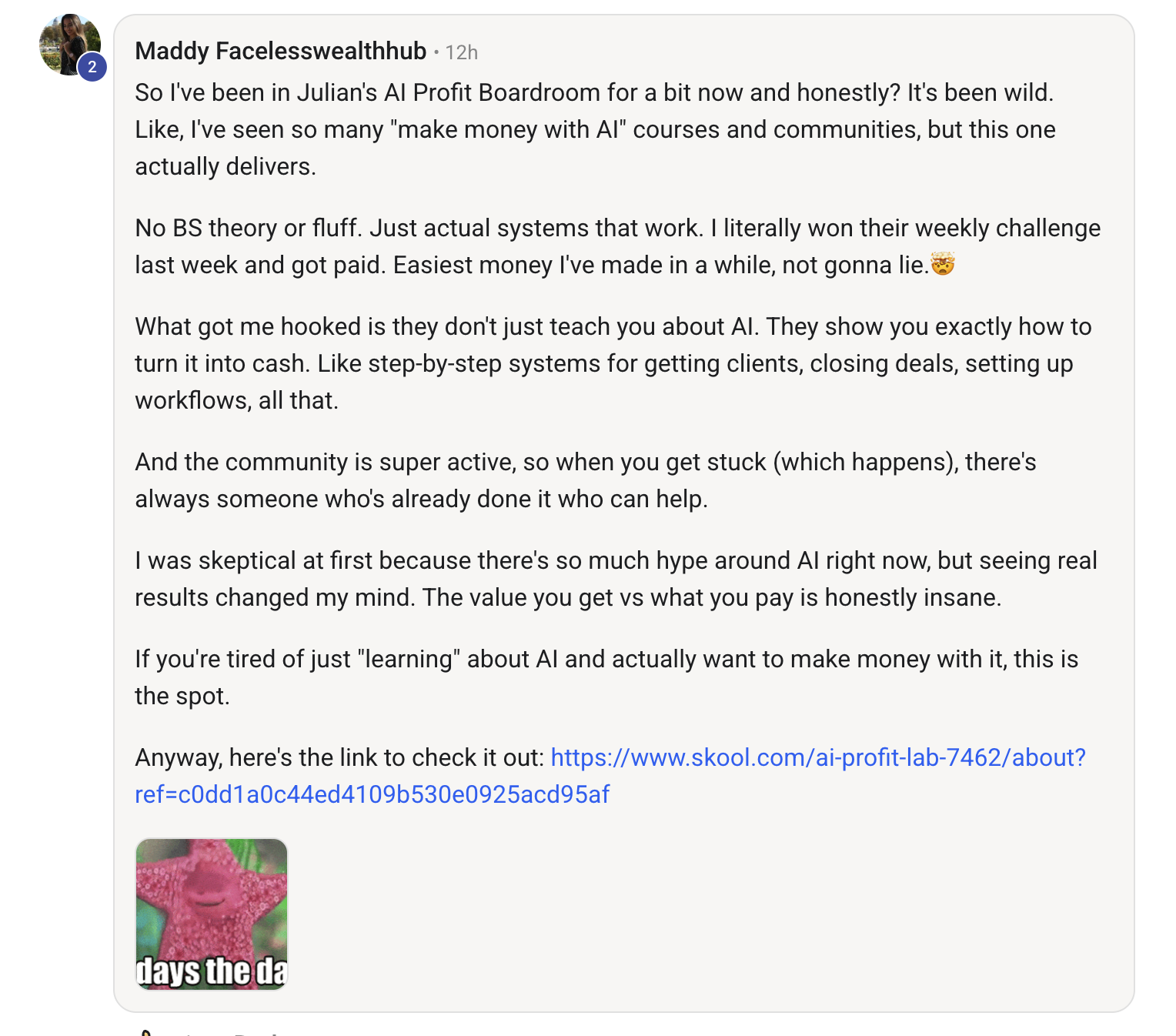 AI Profit Boardroom member testimonial #73