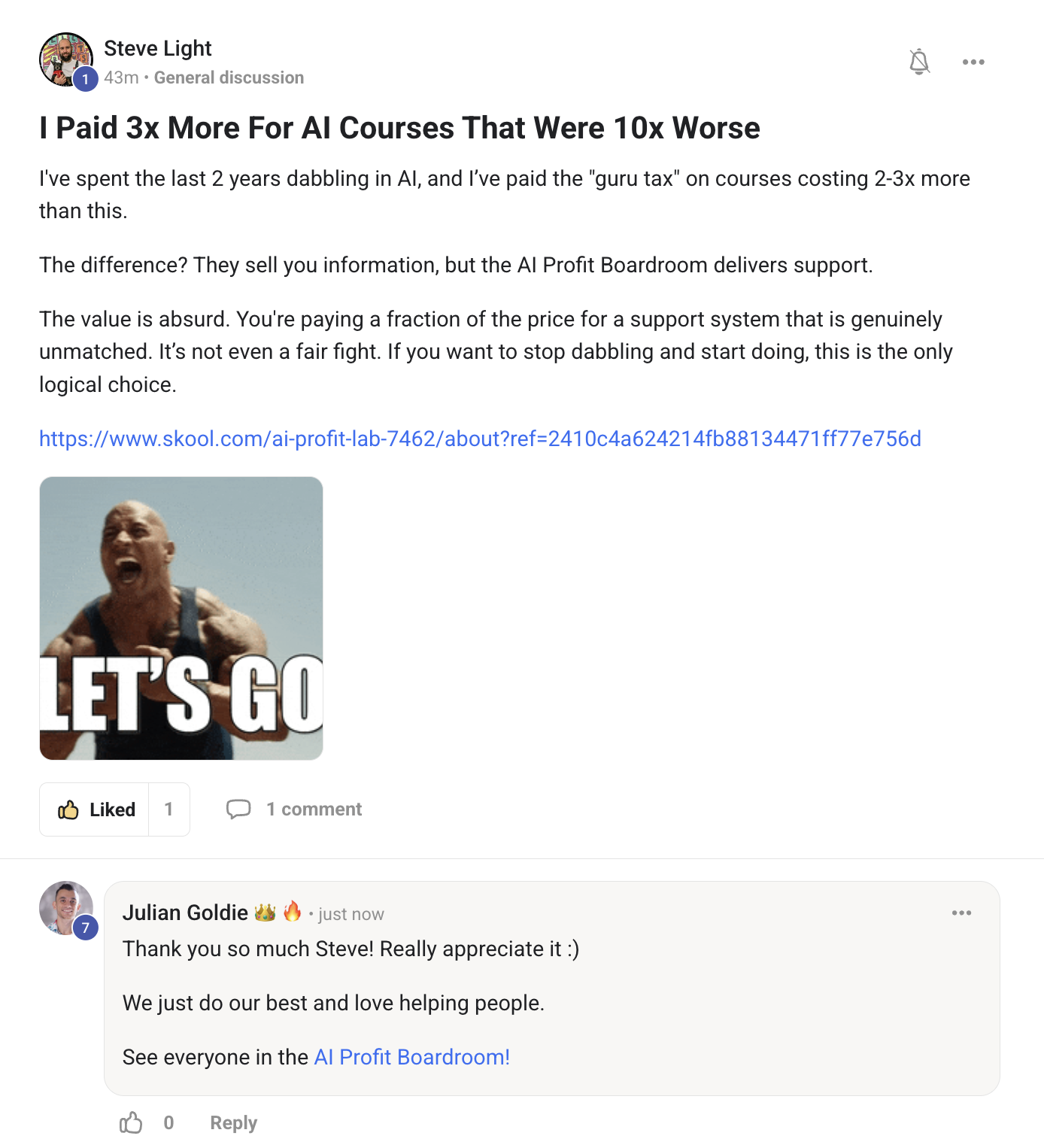 AI Profit Boardroom member testimonial #127