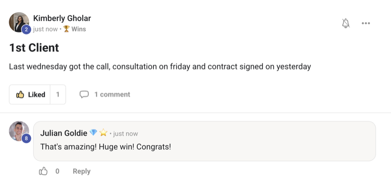 Real AI Profit Boardroom member win screenshot — a member signed their first client within days