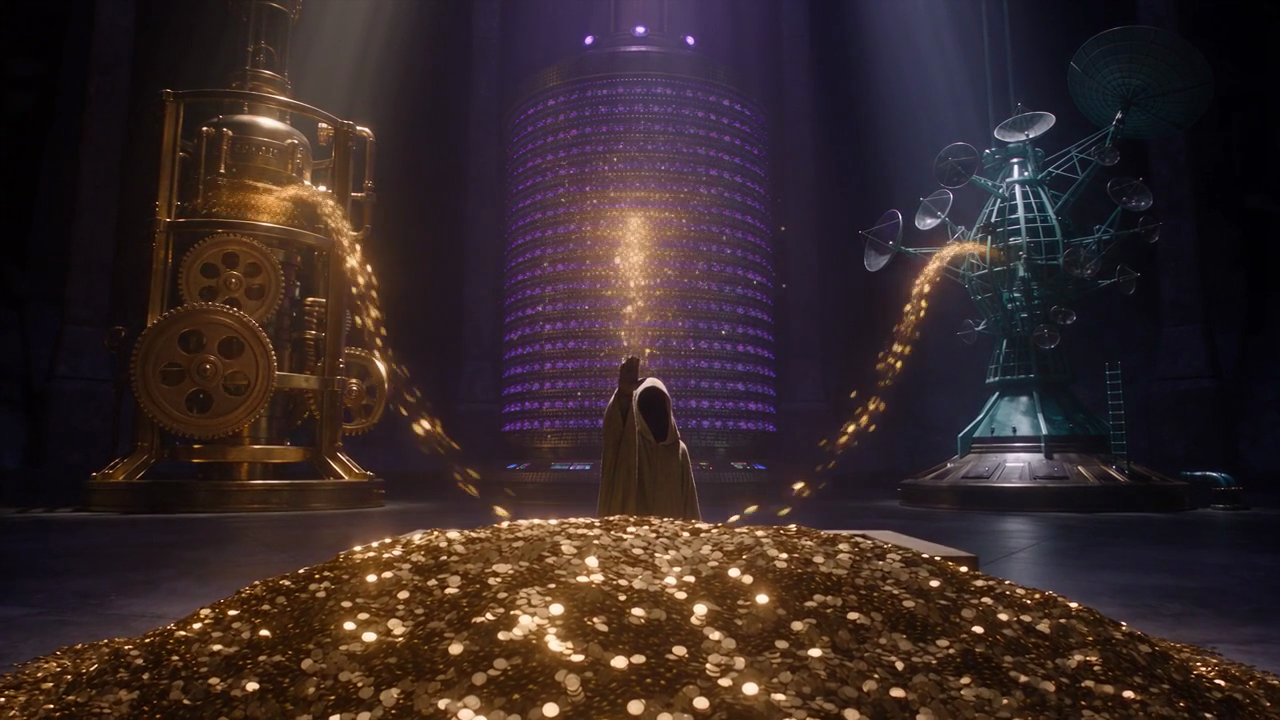 A robed engineer, fully clothed in a long flowing hooded robe, routing a river of glowing golden work-tokens into three colossal machines — a gold gear engine, a violet wall of thousands of cells, and a cyan machine of live antennae.