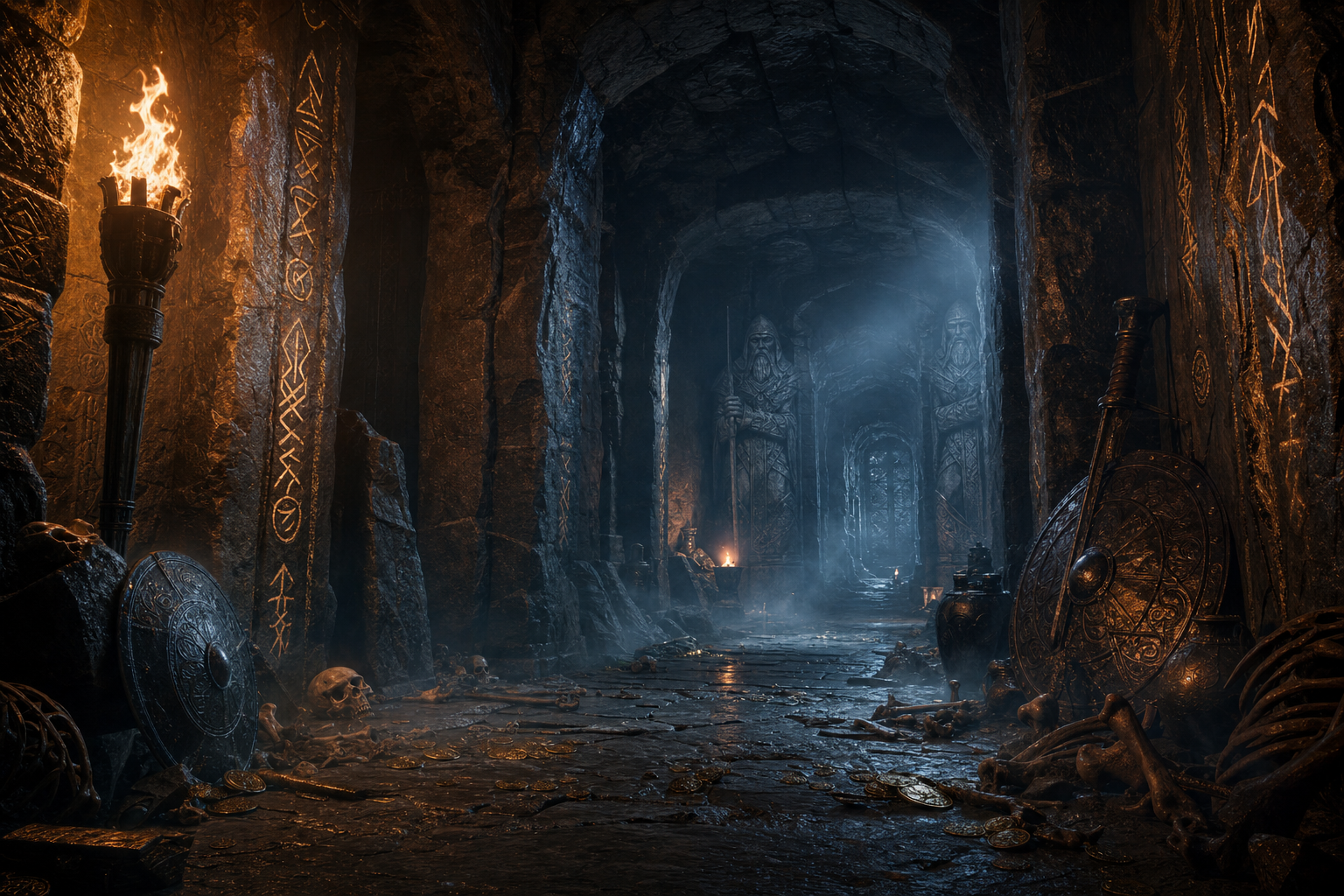 Cinematic splash art of an ancient torch-lit Nordic crypt that GLM-5.2 generated for its dungeon game.
