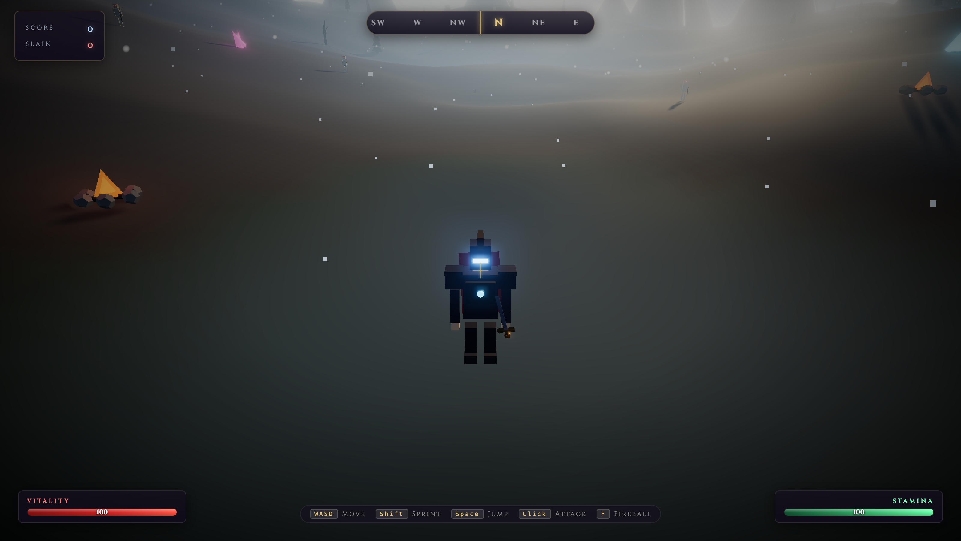 Open-world game character in a frozen, foggy landscape with a full game HUD — score, vitality and stamina bars.