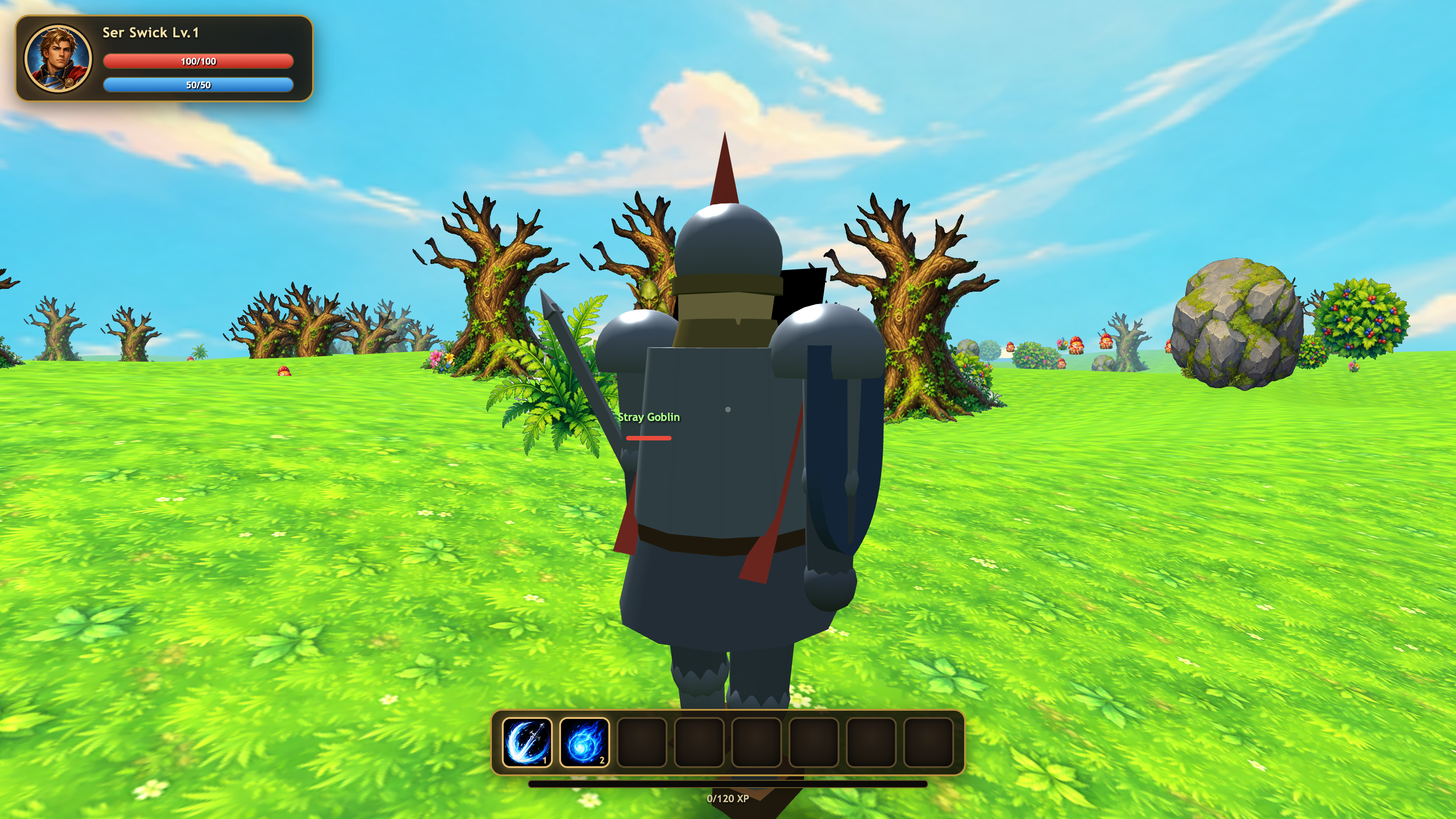 Third-person RPG — an armoured knight on a green field facing a goblin, with health, mana and a spell hotbar.