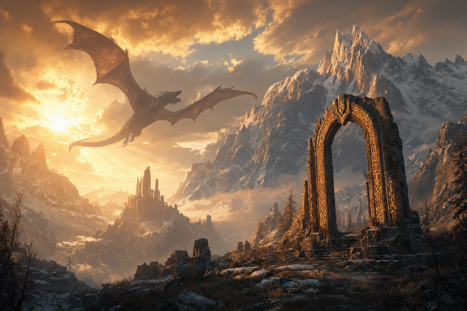 A dragon soaring over a snowy Nordic mountain range past an ancient carved stone archway at golden sunset — the splash art GLM-5.2 generated for the open-world game it built.