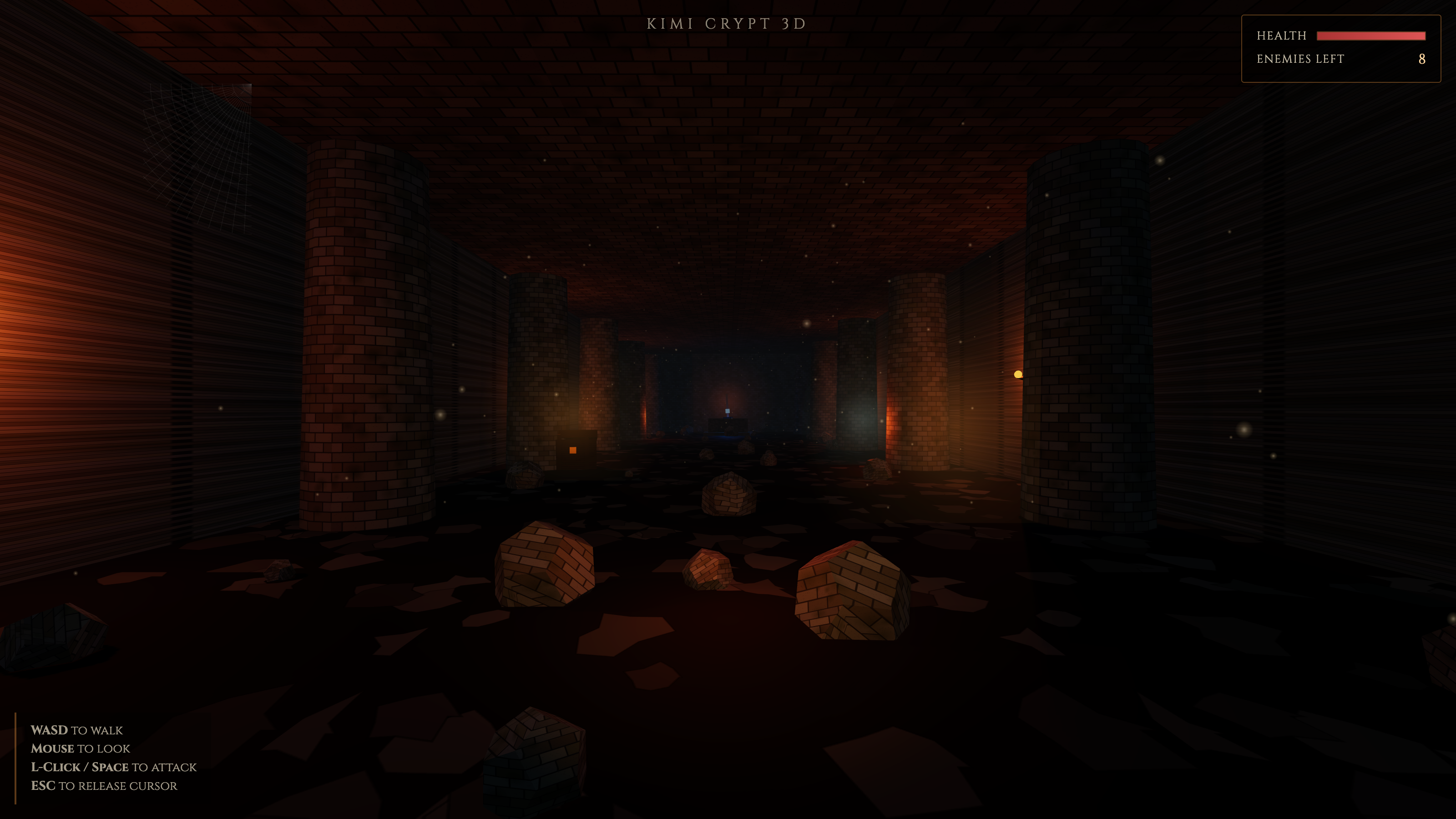 First-person torch-lit brick dungeon with glowing torches and rubble, a health bar and enemy count.