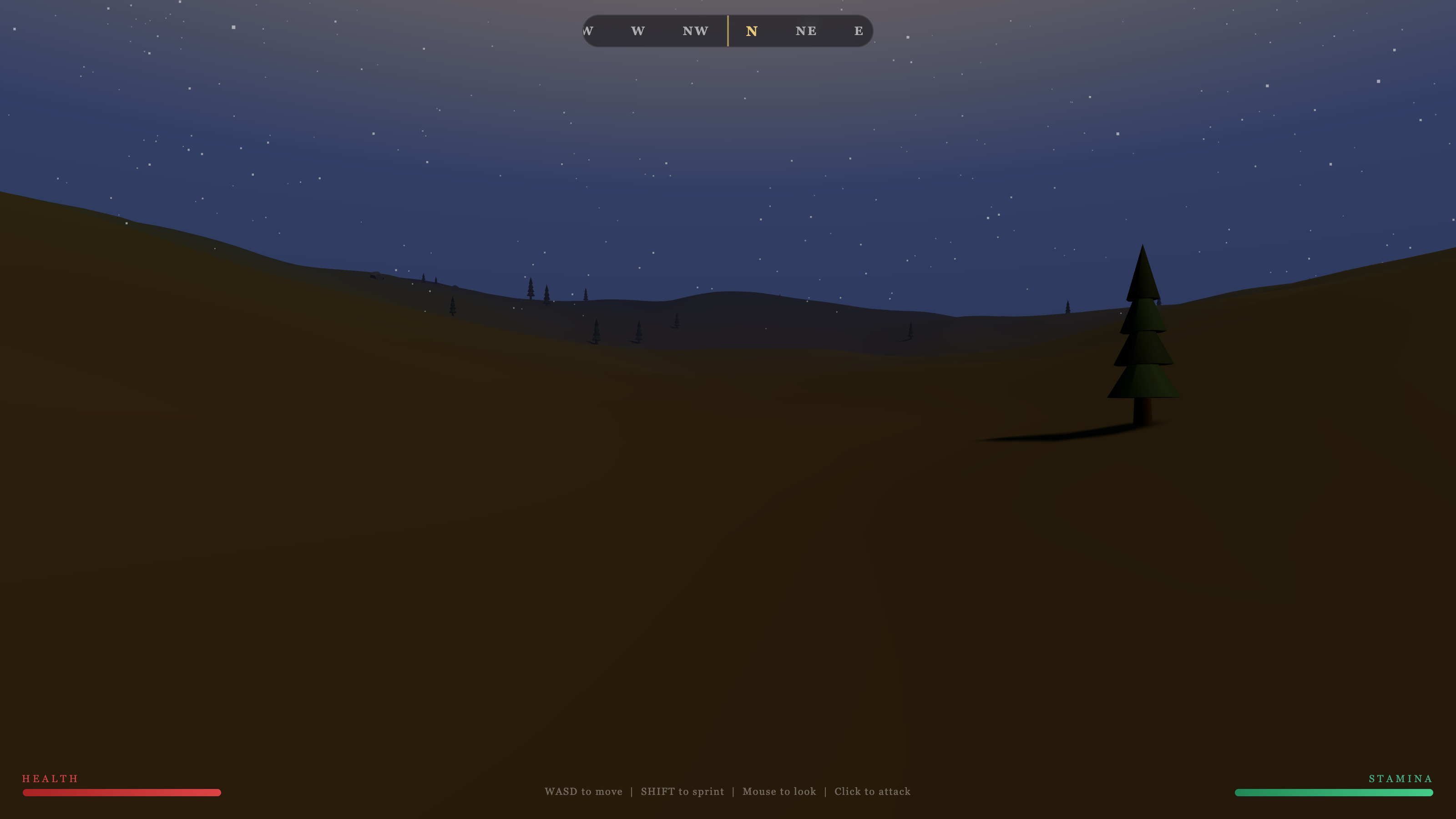 First-person open-world game at dusk — rolling hills, pine trees, a compass and health bars on screen.