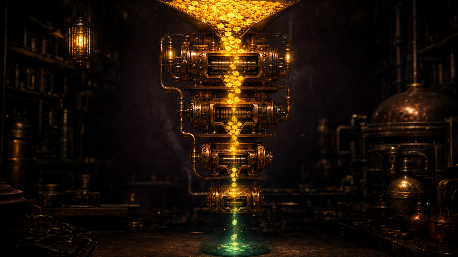 Four small glowing golden machines stacked like a totem, shrinking a thick stream of token-coins into a thin bright trickle