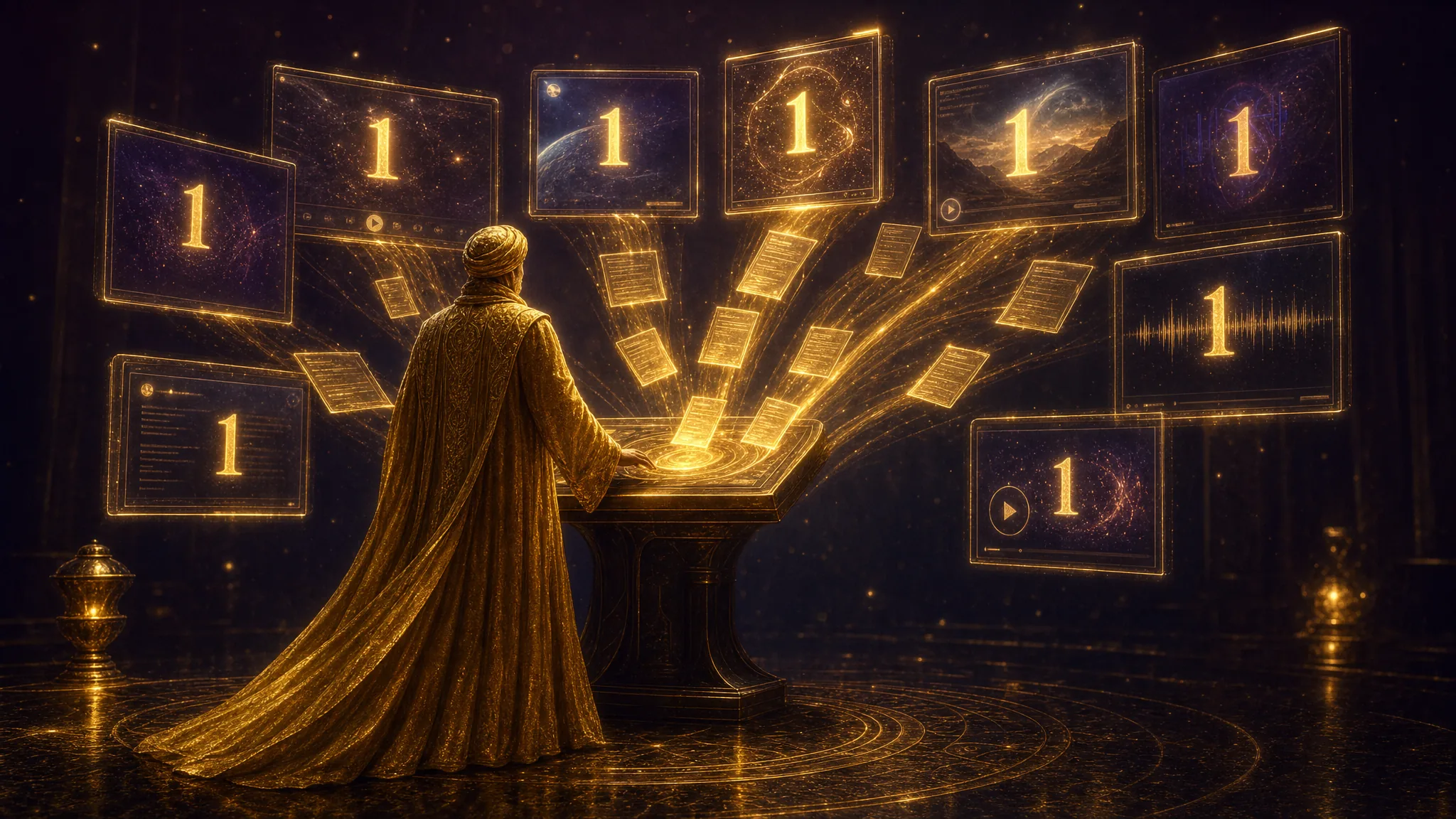 A robed operator at a glowing console sends content out to a fan of floating screens — a search result, an AI answer, a video, a podcast — every one showing the same business ranked number one