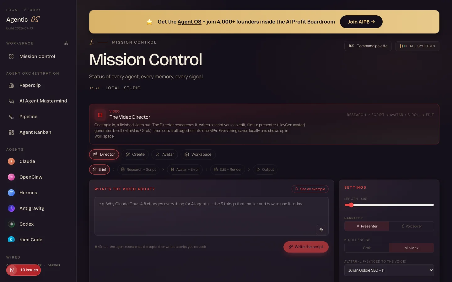 The Agent OS Video Director — one topic in, a finished MP4 out; brief box, research to script to avatar to b-roll to render, with presenter and b-roll engine settings