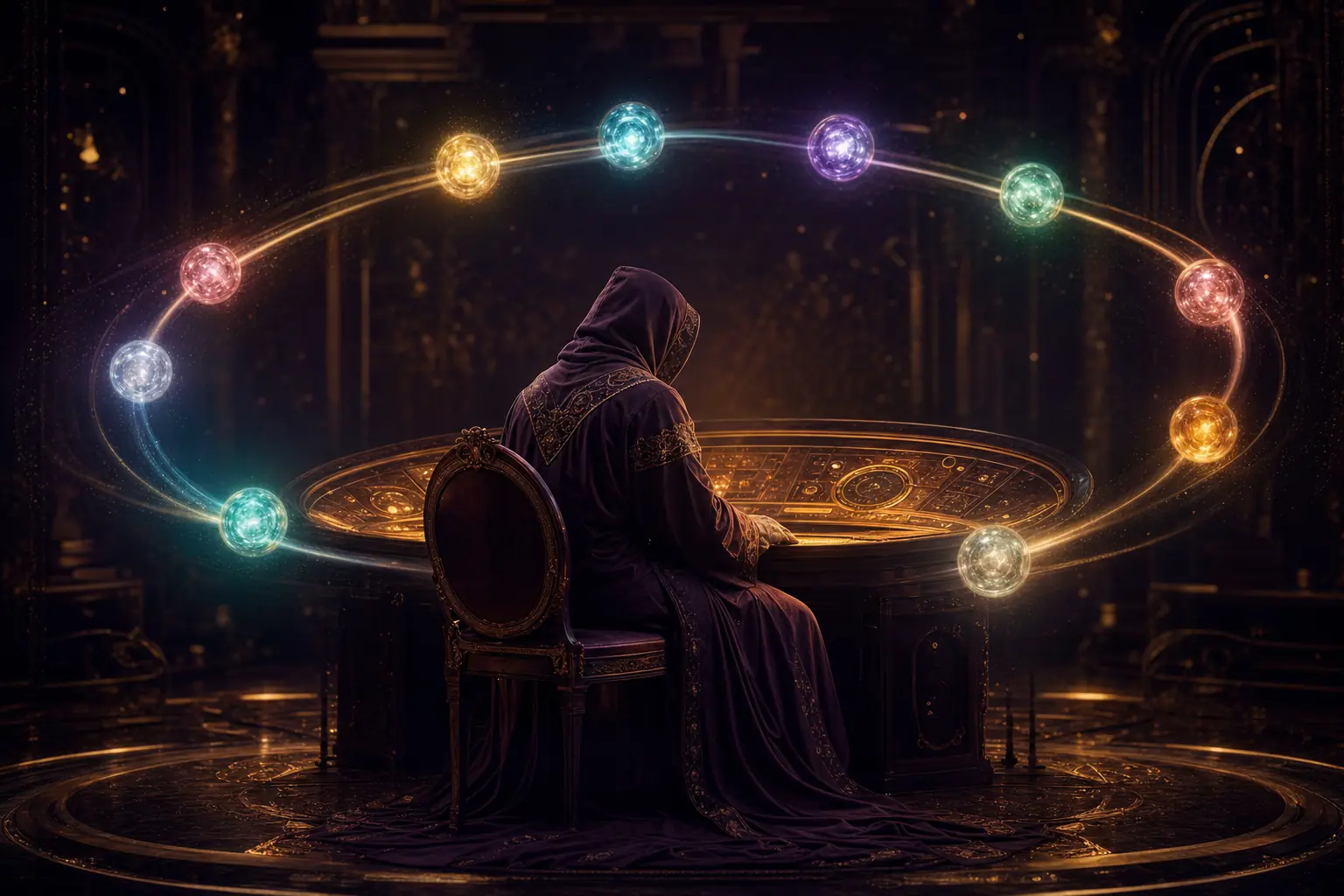 An operator fully clothed in a long flowing hooded robe seated at one glowing control desk with eleven glowing skill orbs in different colours orbiting in a ring