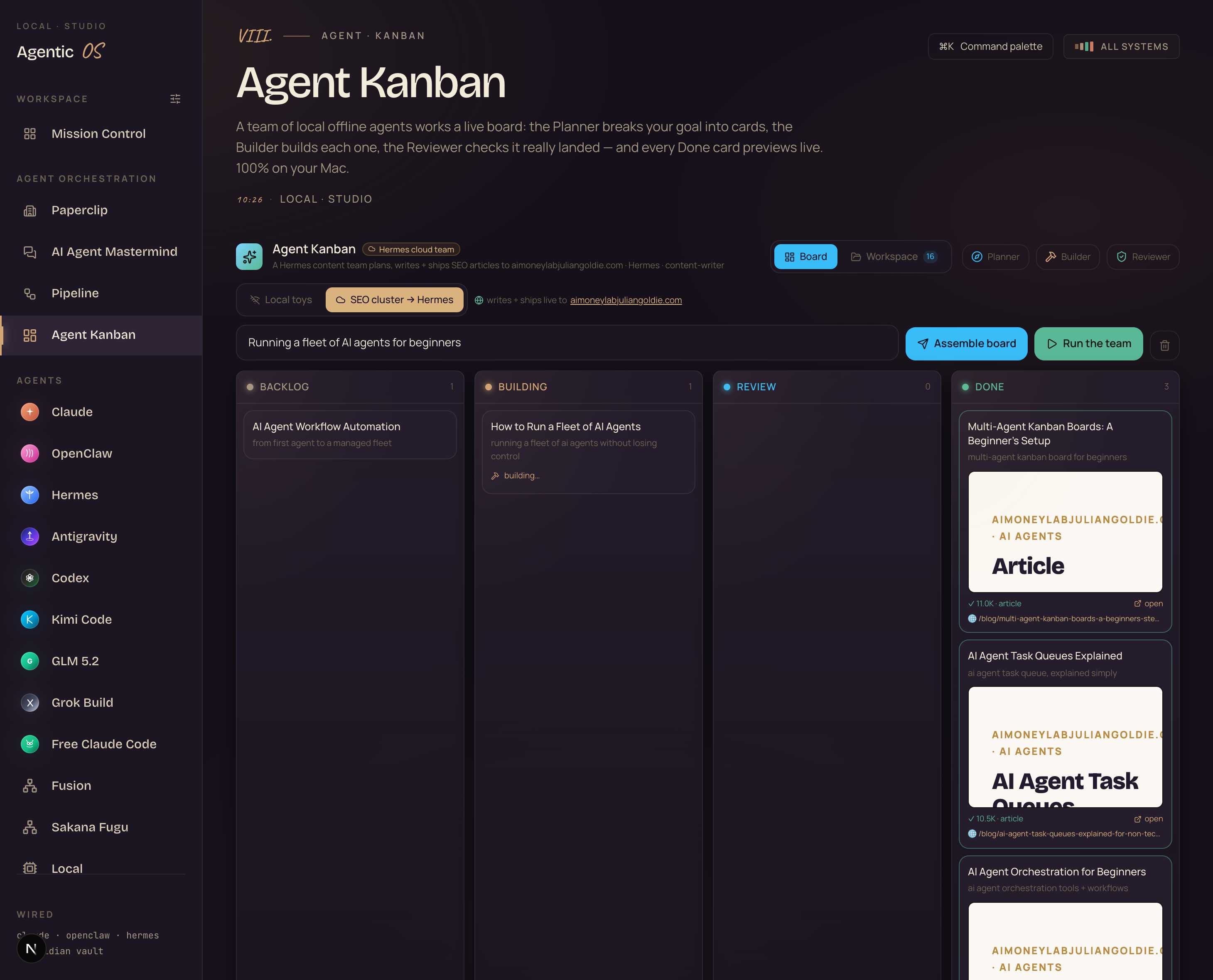 The Agent Kanban running a Hermes content team — 3 articles done with previews, 1 building, shipping live to aimoneylabjuliangoldie.com