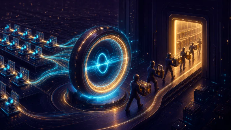 A glowing event loop pulsing while heavy database crates are handed to background workers through a lit doorway