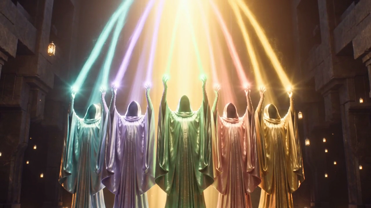 Five fully robed figures raise their hands and their coloured beams of light merge into one golden beam
