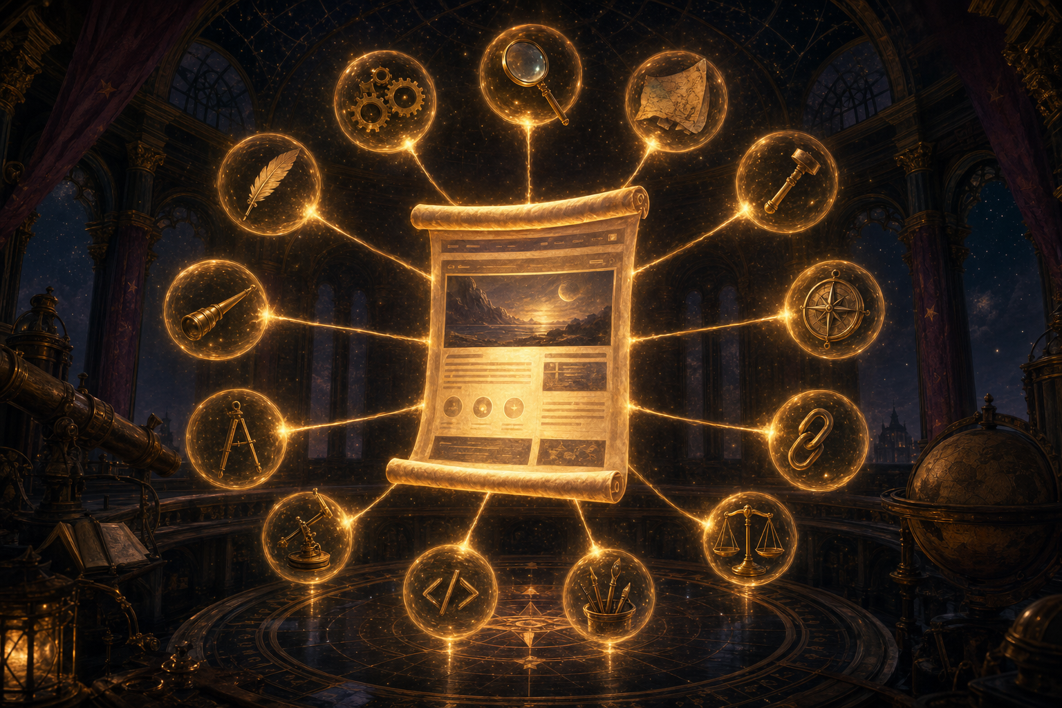 A glowing dashboard with twelve winged worker-spirits fanning out around a central temple-website, each connected by golden threads — the SEO swarm in action on the live map