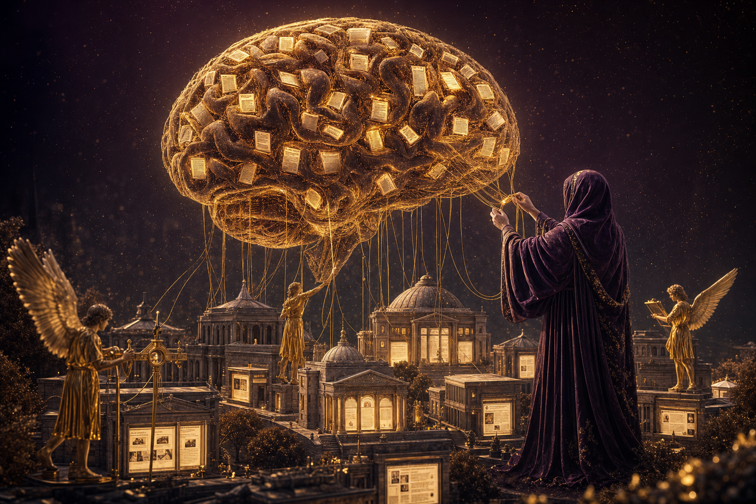 A giant luminous brain of golden filigree and glowing pages floating above a classical city of miniature website buildings, connected by threads of light, tended by a fully clothed keeper in a full-length hooded robe and fully clothed winged surveyors in knee-length tunics