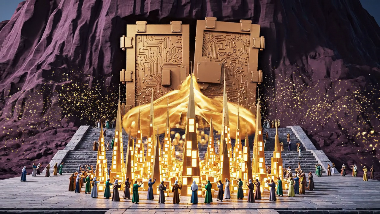 A colossal bronze vault door opening in an aubergine mountainside, golden cubes pouring out to fully robed builders raising a glowing city