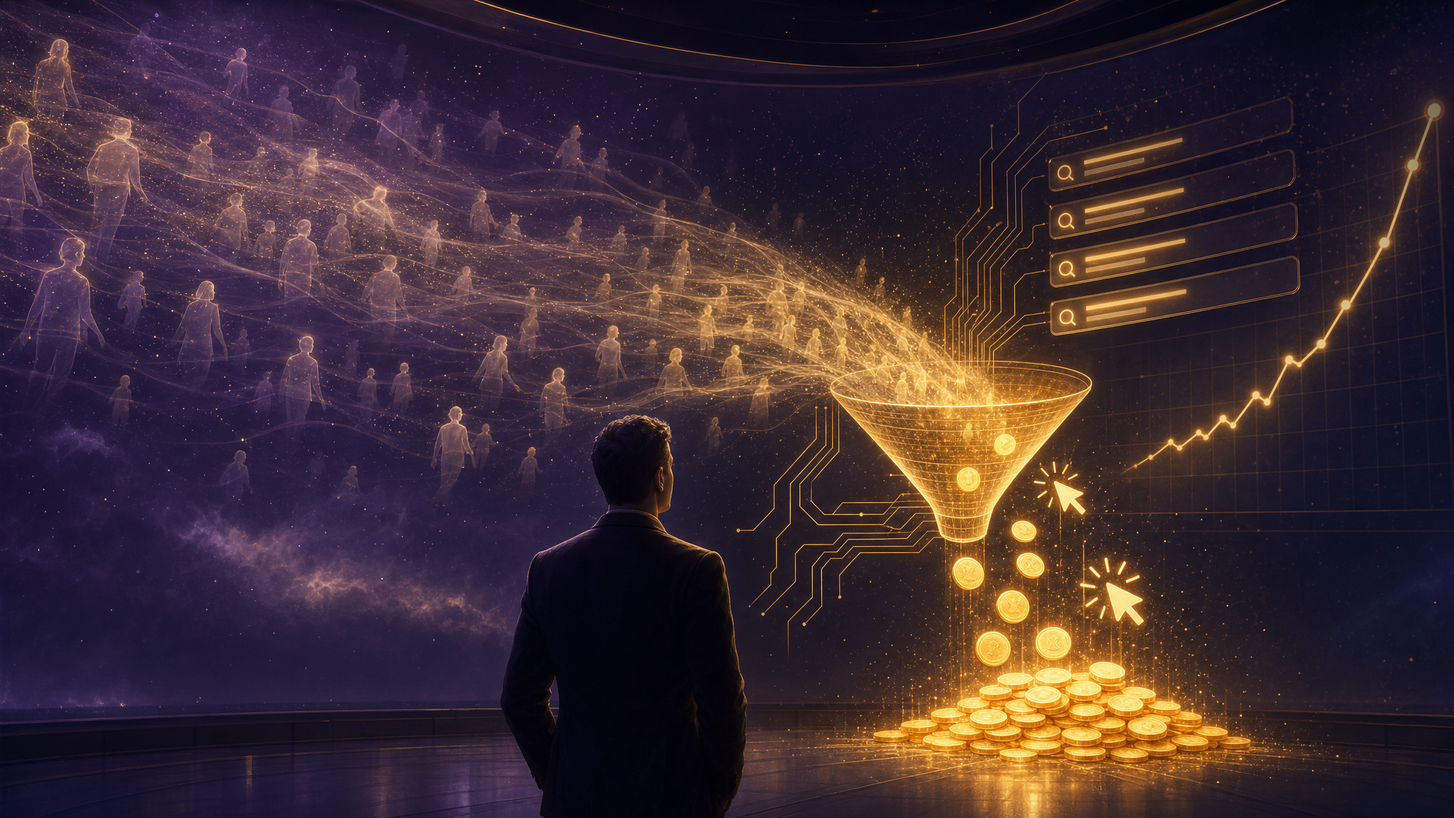 An operator watching a stream of faint ghost-like visitors pour into a glowing golden funnel that catches them and turns them into gold coins and cursor clicks piling up, beside a search-results panel and a rising graph