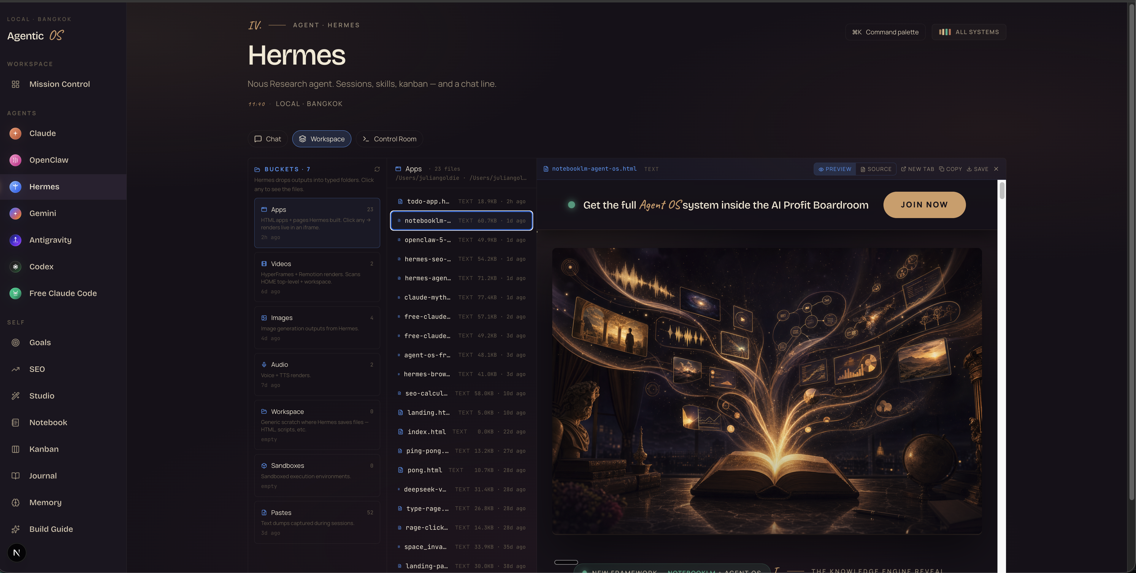 Mission Control dashboard — sidebar showing Hermes, Claude, OpenClaw, Codex, Antigravity, Gemini, Free Claude Code agents plus SEO, Studio, Notebook, Kanban tabs