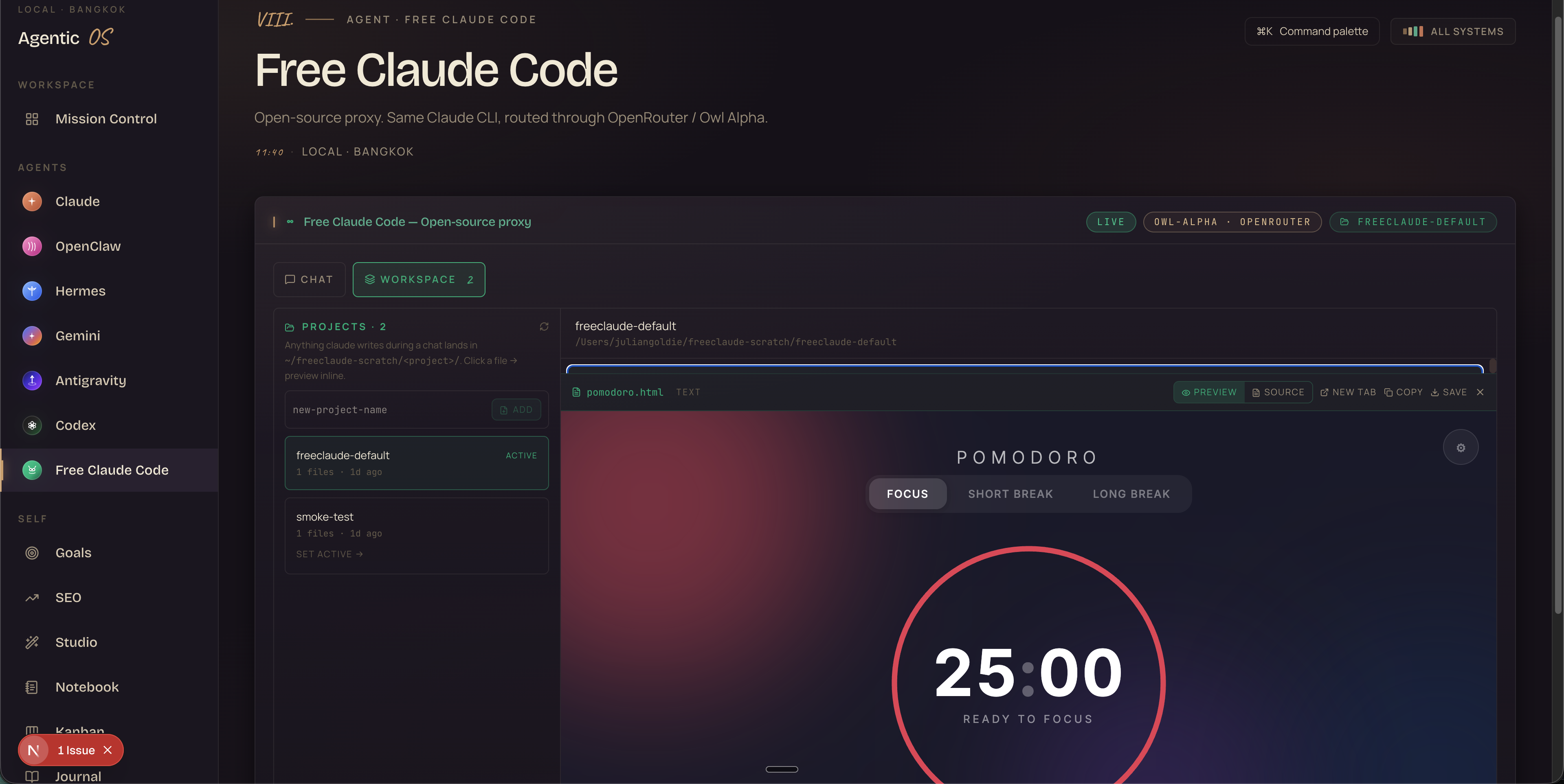 Hermes Workspace — 23 HTML apps, live preview pane