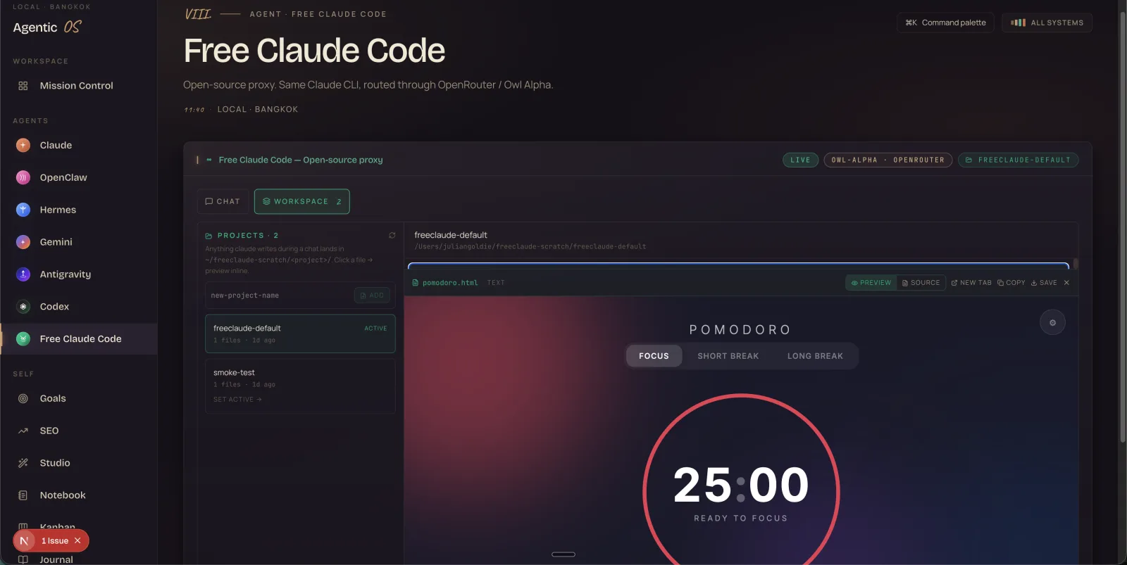 Hermes Workspace — 23 HTML apps, live preview pane
