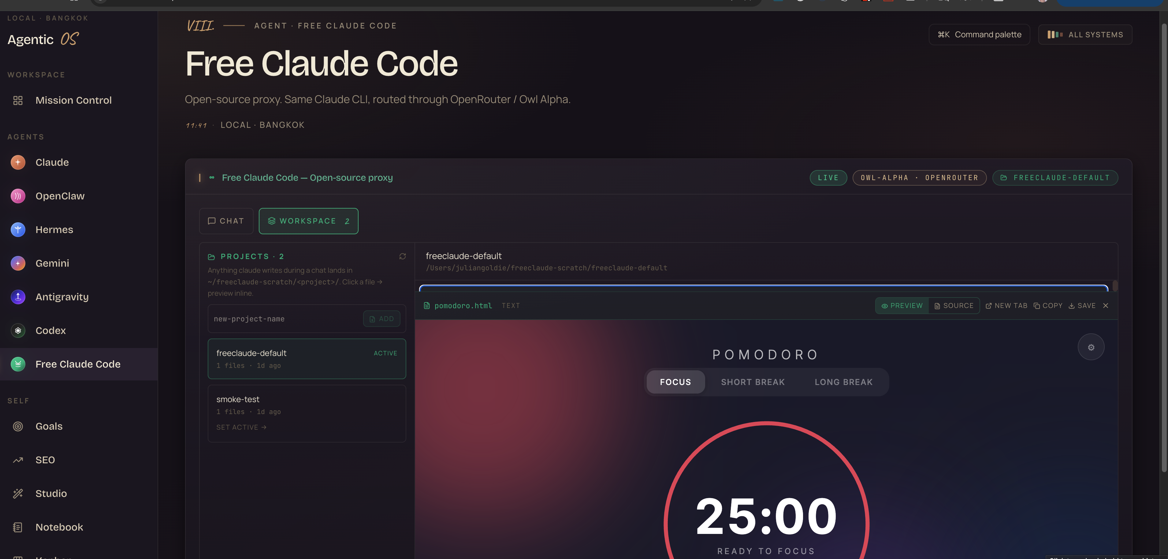 Free Claude Code — Pomodoro timer rendered inline