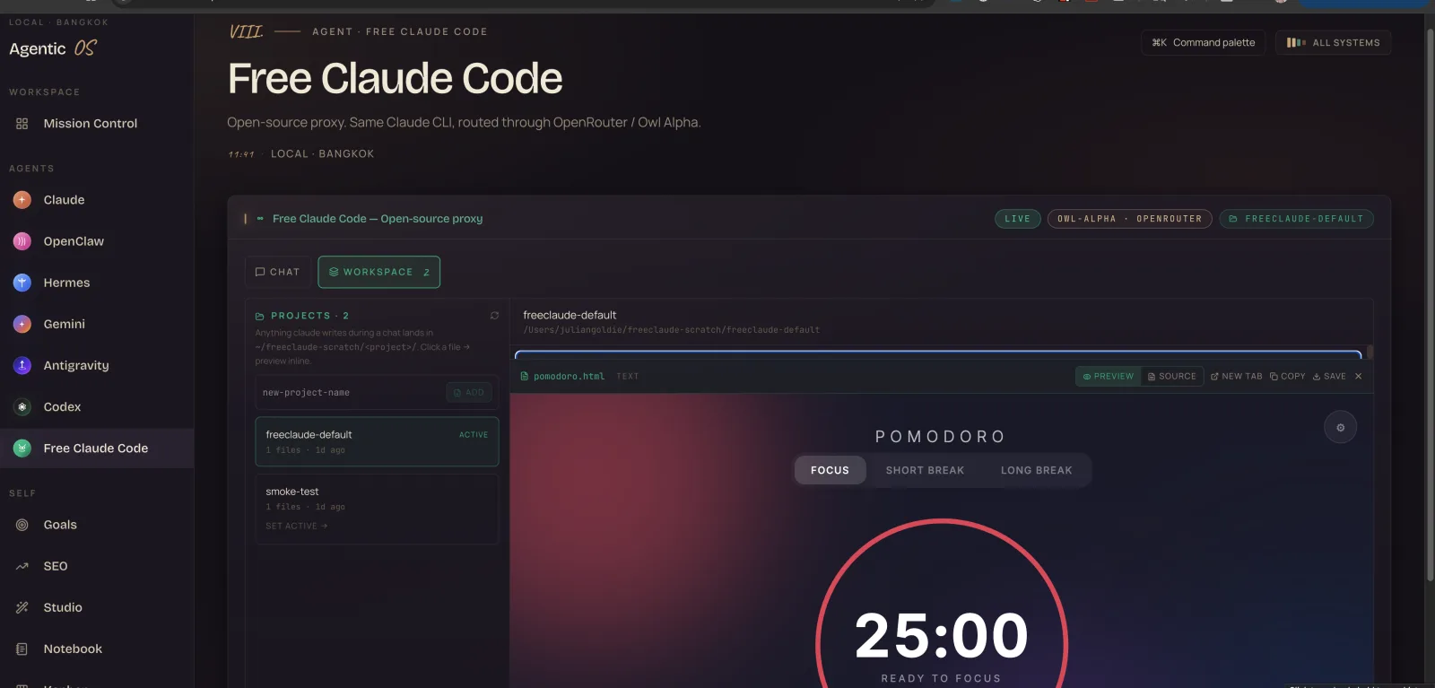 Free Claude Code — Pomodoro timer rendered inline