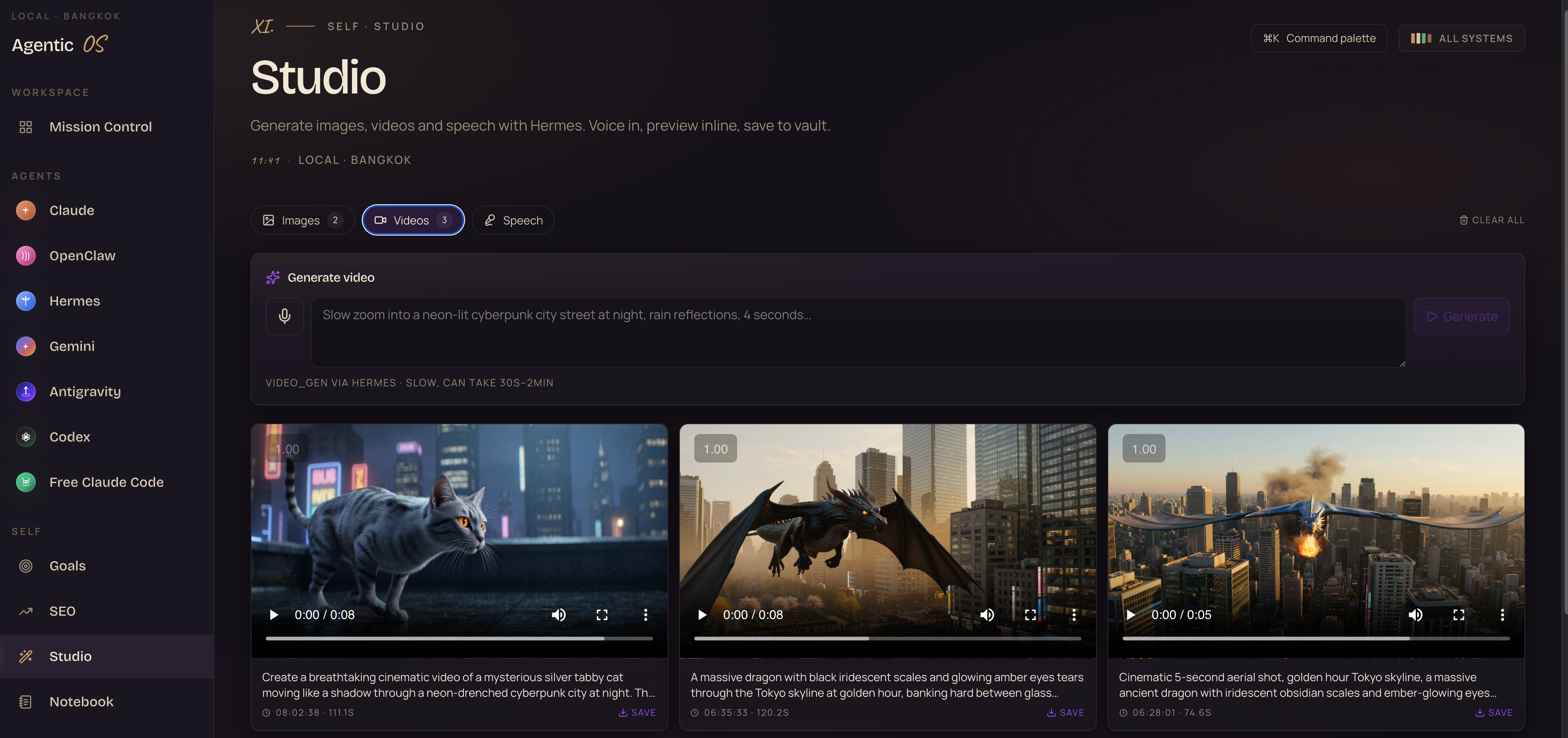 Studio — 3 generated videos including a dragon over Tokyo