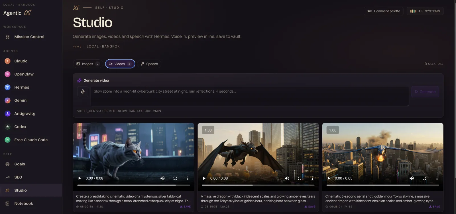 Studio — 3 generated videos including a dragon over Tokyo