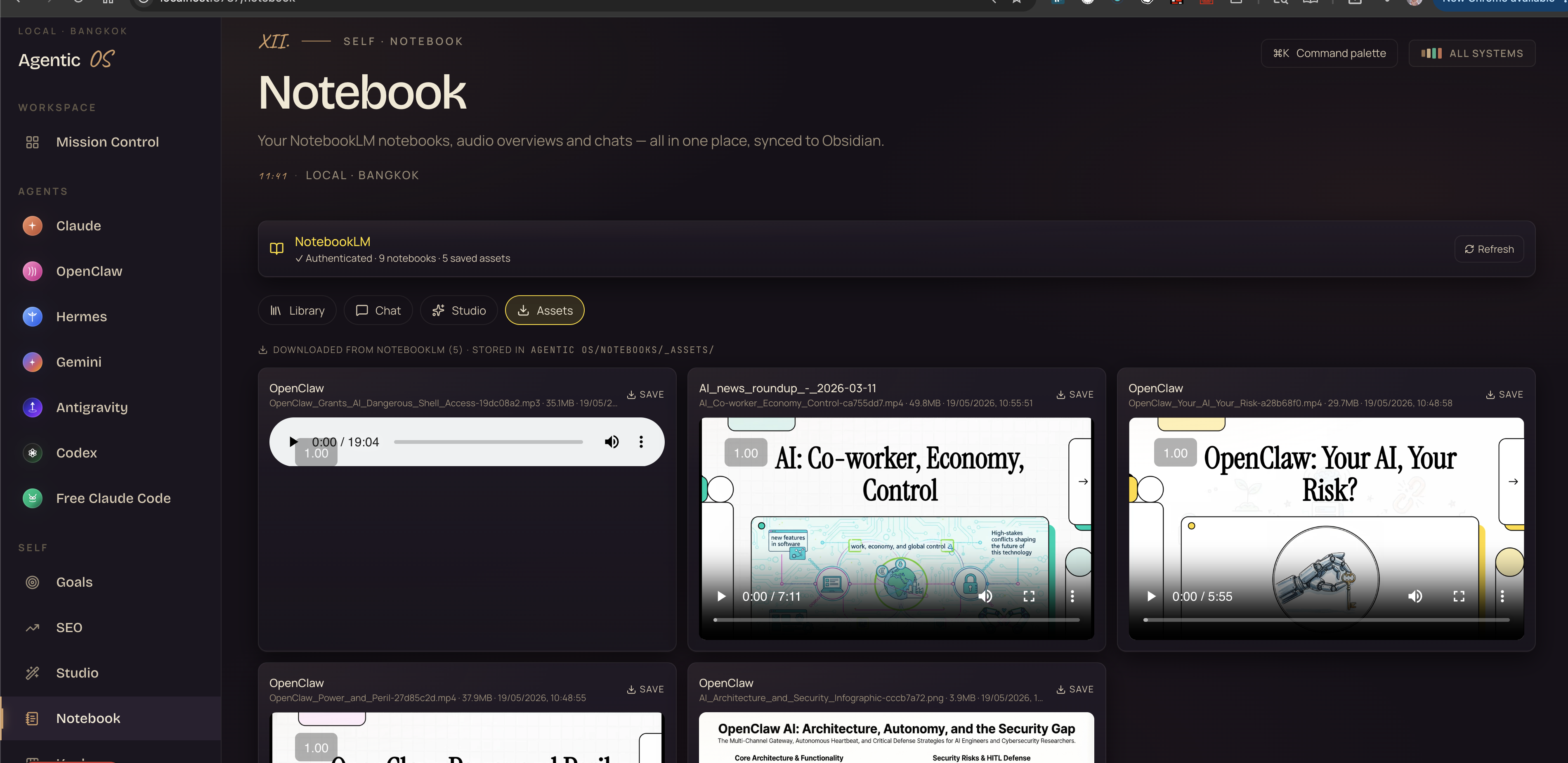 Notebook — NotebookLM audio overviews + saved assets